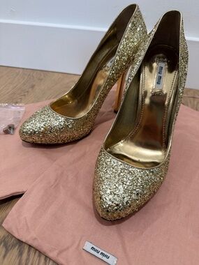 Miu Miu Gold Glitter Pointed Toe High Heels